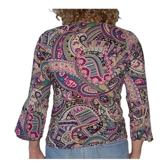 Lucky Brand Size Large V Neck Paisley Long Sleeve Blouse Prior Black - Picture 2 of 10